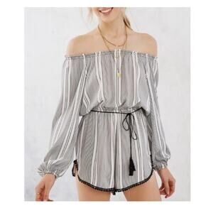 Urban Outfitters Ecote Romper Size M Black White Striped Tassel Fringe Jumpsuit